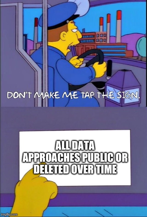 Simpson's meme for Norton's Law -- bus driver says don't make me tap the sign, then taps the sign which says "all data approaches public or deleted over time"