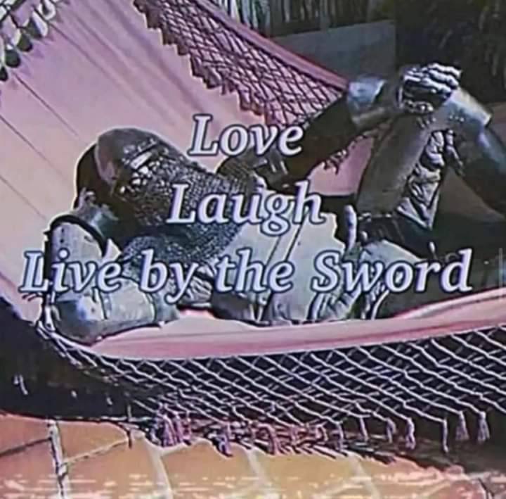 an armored knight lounging in a hammock, captioned love, laugh, live by the sword